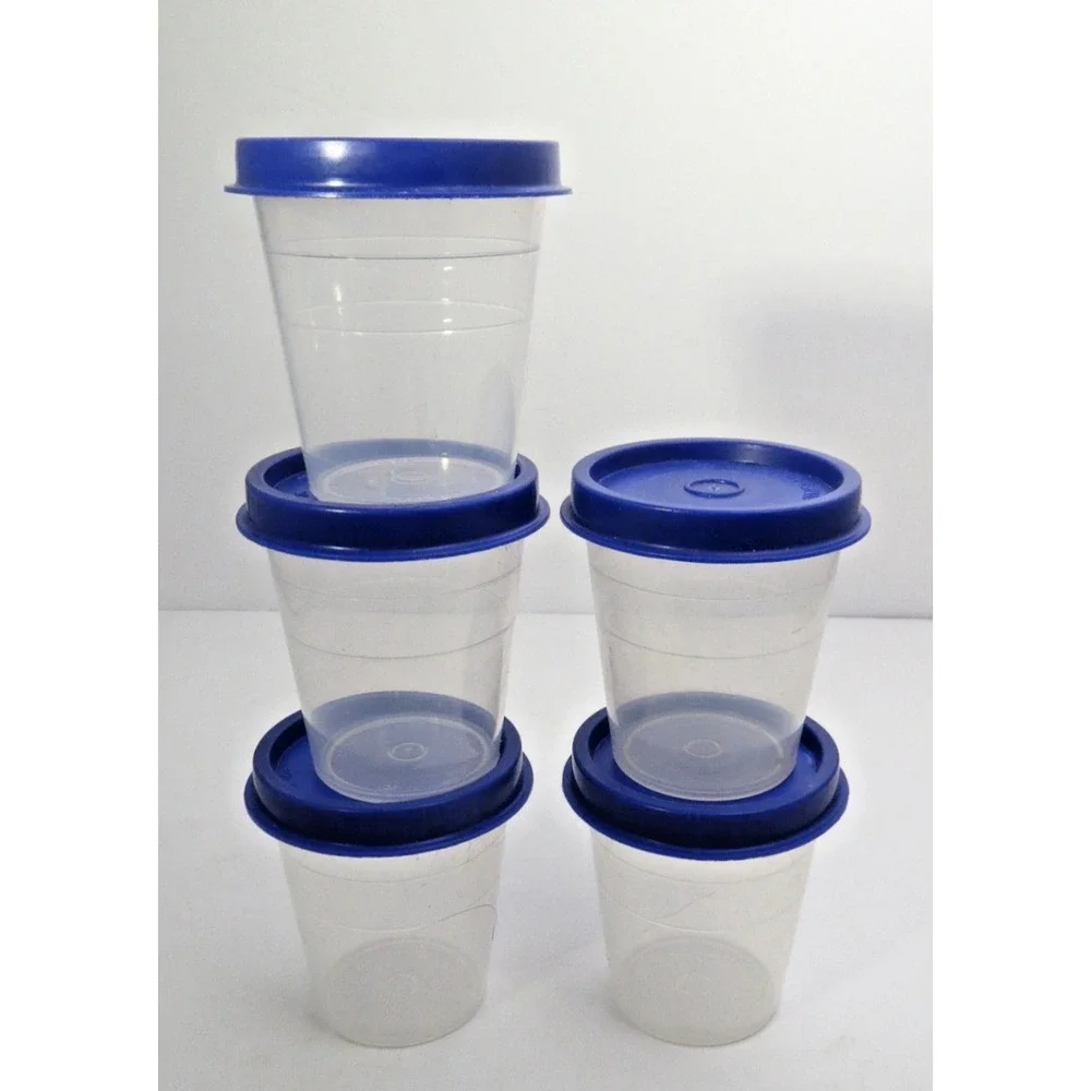 Vintage Lot Of 5 Tupperware Mini 2 oz Midget Containers 101 Sheer W/Blue Lids